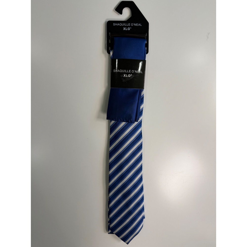 Shaquille O'Neal XLG Mens Blue White‎ Striped Extra Long Tie and Pocket Square